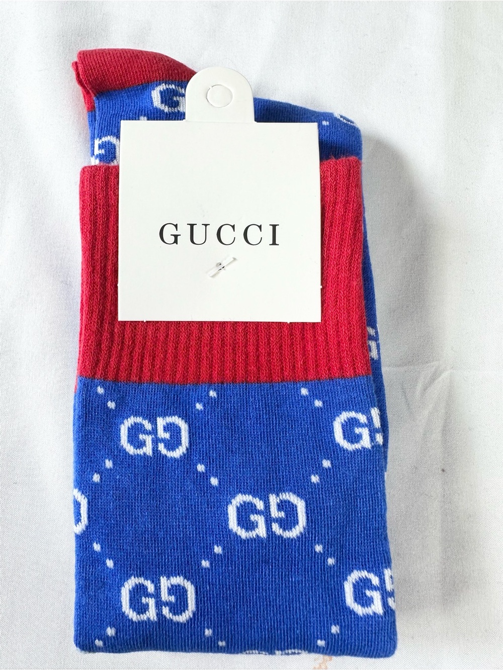 Fashion Luxury Blue/Red GG Pattern Crew Socks “17 cuff to toe (Unisex)